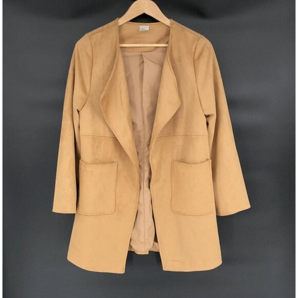 Jackets & Blazers - Women Open-Front Faux Suede Coat Size S Tan Pockets Soft Western Cowgirl Outdoor